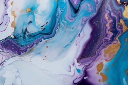 Stunning abstract fluid art painting with swirling blues, purples, and gold accents. A beautiful mix...