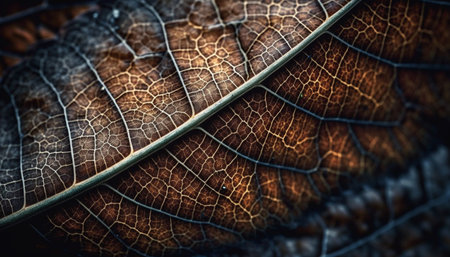 Macro shot of a dried leaf, showing its intricately vein structure and rich brown tones.