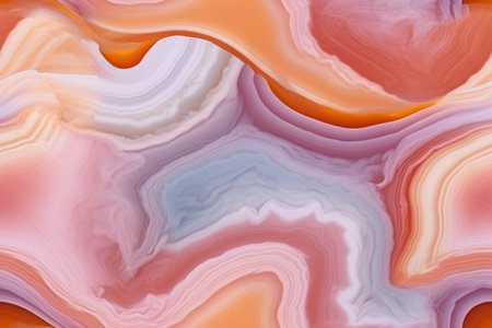 Close-up abstract image of agate stone texture. Peach, orange, and lavender hues create a...