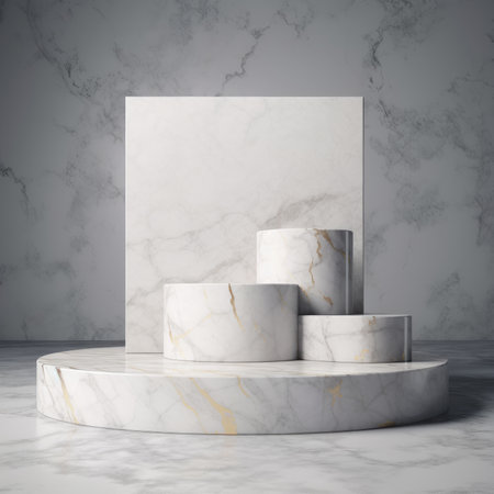 A minimalist product display featuring a marble platform and cylinders, perfect for showcasing products in a luxurious setting.の写真素材