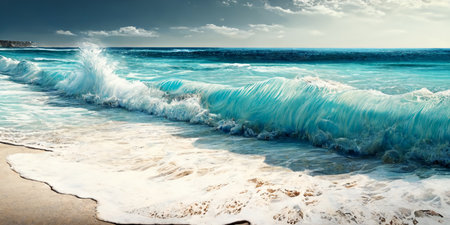 A breathtaking view of a powerful ocean wave crashing on a pristine sandy beach. The turquoise water...