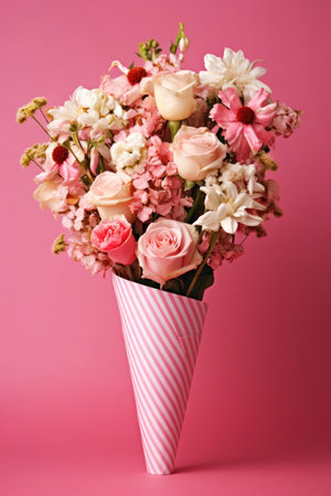 A captivating image of a pink flower bouquet, elegantly arranged in a striped cone. The soft colors and delicate blooms evoke a sense of romance and celebration.の写真素材