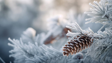 A close-up of a frosty pine cone on a snow-covered branch. Winter wonderland scene.の写真素材