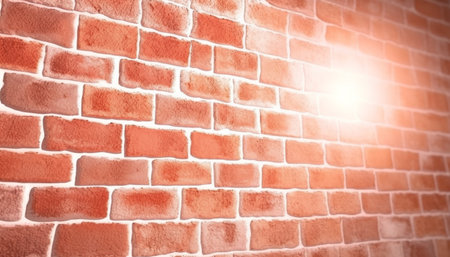 Close-up of a textured brick wall, illuminated by warm light. The image showcases the bricks' rich...
