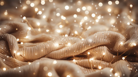 Beige fabric with warm, glowing lights creating a cozy and festive atmosphere.の写真素材