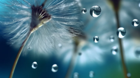 Macro shot of dandelion seeds with water droplets, showcasing serene nature.の写真素材