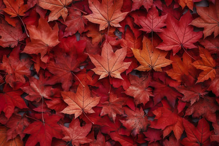 A vibrant collection of red and orange maple leaves, showing the beauty of autumn. Perfect as a...