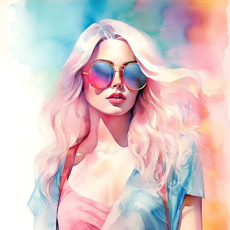 A watercolor portrait of a stylish blonde woman wearing sunglasses, radiating summer vibes.の写真素材