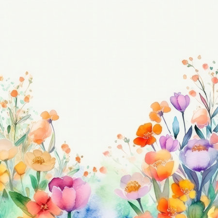 A beautiful watercolor painting of colorful flowers, perfect as a border or background. Soft and delicate, perfect for spring.の写真素材