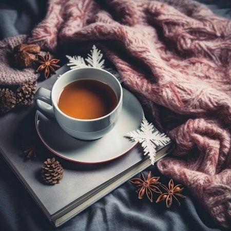 A steaming cup of tea sits on a book, surrounded by a cozy knit sweater and winter decorations. A perfect scene of relaxationの写真素材