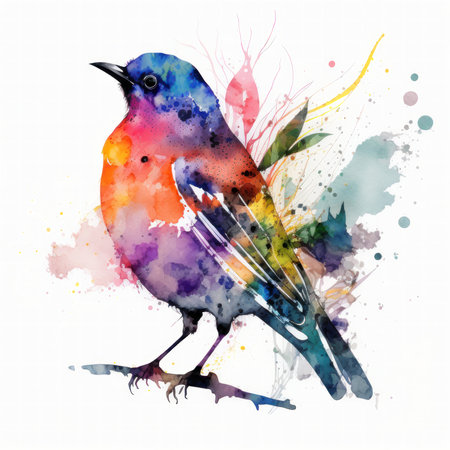 A captivating watercolor painting of a colorful bird perched on a branch. The vibrant hues and artistic style create a stunning visual.の写真素材