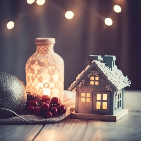 A charming Christmas scene featuring a miniature snow-covered house, a glowing lantern, and festive berries.の写真素材