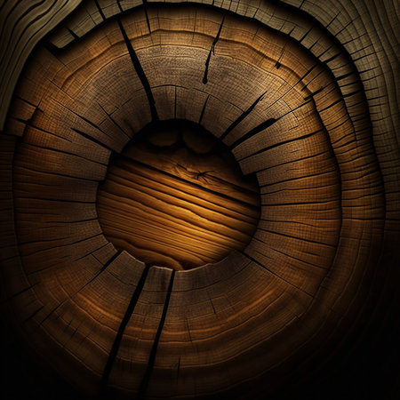 Close-up view of a tree's cross-section, showing intricate rings and rich brown tones.の写真素材