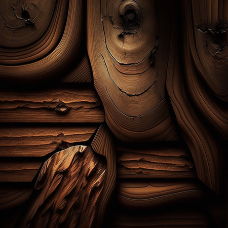 Close-up view of richly textured wood, showing intricately grain patterns and deep brown tones.の写真素材