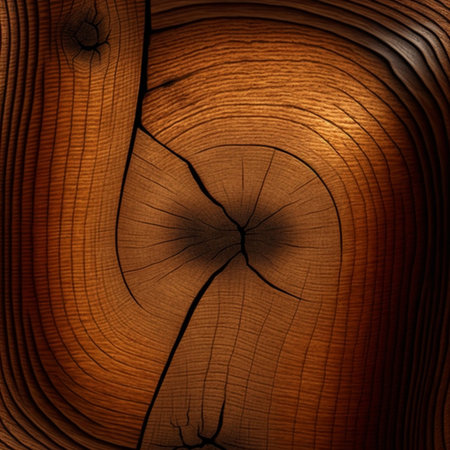 Detailed image of wood grain texture showing growth rings and natural cracks. Warm brown tones.の写真素材