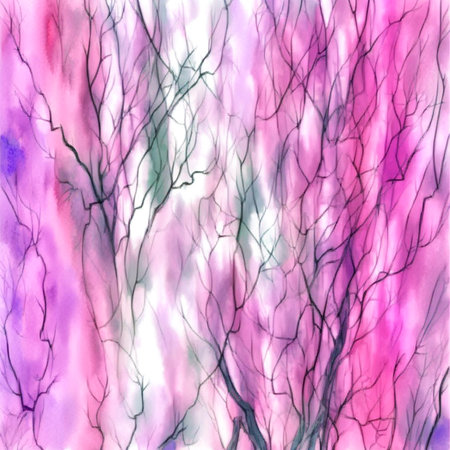 A vibrant abstract watercolor painting depicting bare tree branches against a backdrop of pink and purple washes. The artwork showcases the intricately network of branches, creating a unique textural effect.の写真素材