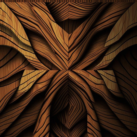 Intricate abstract artwork featuring a rich brown wood grain texture. The design is complex, showing...