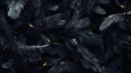 A dramatic close-up showcasing a collection of dark feathers, creating a mysterious and textural...