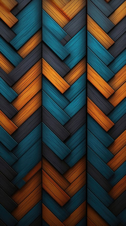 Intricate wooden pattern in teal, orange, and black. Geometric design, great for backgrounds.
