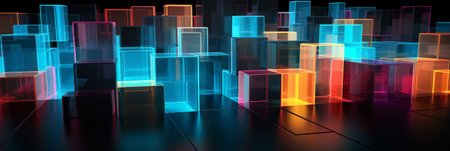 Vibrant neon cubes form a futuristic cityscape. Glowing colors and geometric shapes create an...
