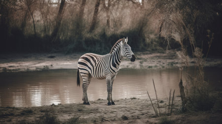A solitary zebra stands by a calm river, showcasing the beauty of African wildlife. The serene atmosphere captures a tranquil moment in nature.の写真素材