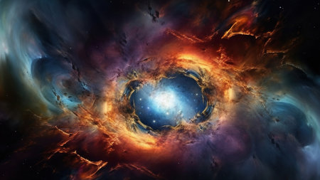 A vibrant nebula in deep space, showing intense colors and celestial formations.