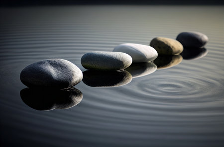 Five smooth stones float serenely on dark water, creating a tranquil scene of balance and peace.