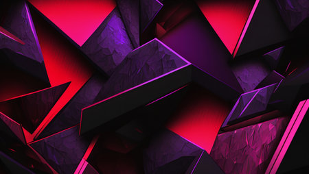 A vibrant abstract image featuring a chaotic arrangement of crimson and violet polygons. The 3D...