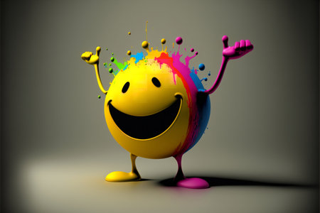 A cheerful 3D rendered smiley face amidst a vibrant splash of colors, radiating joy and positive vibes.の写真素材