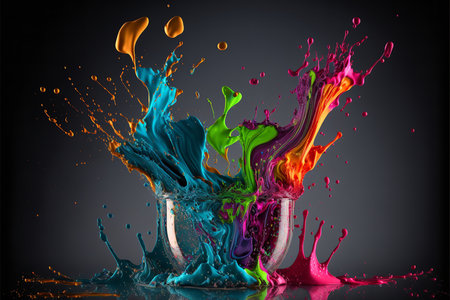 A captivating image of a paint explosion, showcasing a vibrant rainbow of colors splashing into a...