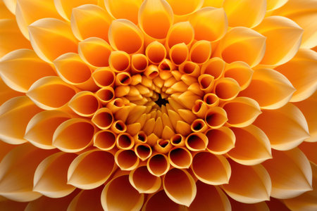 Close-up view of a golden dahlia flower, showing its intricately and symmetrical petals.の写真素材