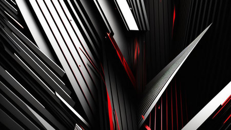 Abstract geometric artwork featuring a dynamic interplay of black, white, and red shapes and lines....