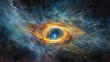 A swirling nebula with a fiery ring surrounding a bright core, evokes cosmic wonder and imagination.の写真素材