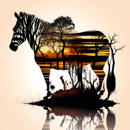 Double exposure of a zebra silhouette against a sunset landscape. African wildlife art.の写真素材