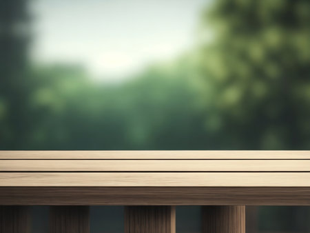 Empty wooden table against a blurry green forest backdrop. Ideal for product displays or showcasing tranquil nature scenes.の写真素材