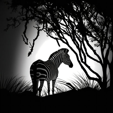 A majestic zebra stands silhouetted against a bright moon, under a dark tree at night. Peaceful and serene.の写真素材