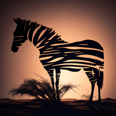 A striking silhouette of a zebra against a warm sunset. The image evokes feelings of peace and serenity, showcasing the beauty of African wildlife.の写真素材