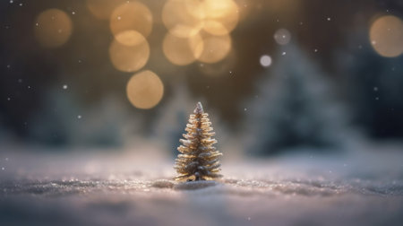 A tiny, glittering Christmas tree sits in a snowy landscape. The soft lighting creates a magical...
