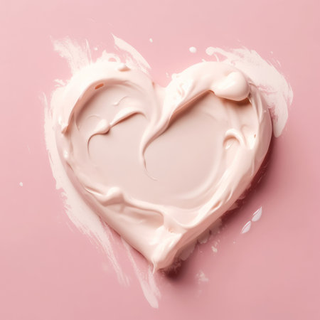 A heart-shaped swirl of creamy cosmetic product on a pink background. Perfect for beauty and skincare advertising.の写真素材