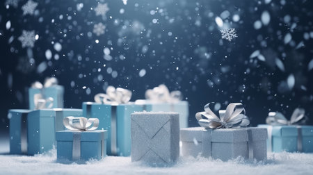 Festive gifts in blue and silver under falling snow. Perfect for winter holiday scenes.の写真素材