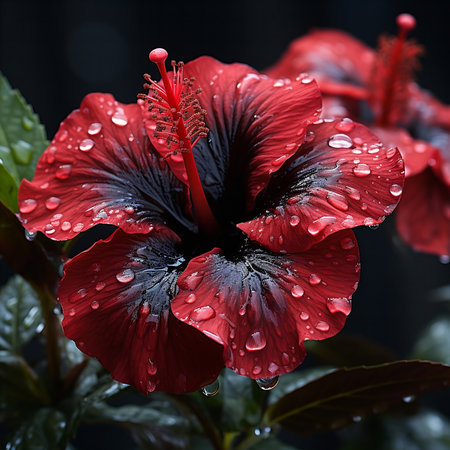 A stunning close-up of a dark red hibiscus flower covered in glistening dew drops.の写真素材