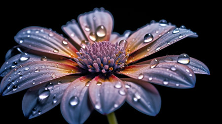 A stunning close-up of a daisy covered in glistening dewdrops. The vibrant colors and intricate details are beautifully captured in this macro photograph.の写真素材