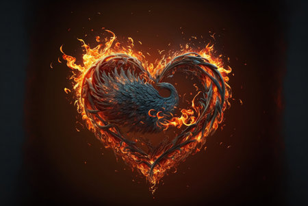 A digital artwork of a phoenix rising from a fiery heart shape. The image depicts passion, love, and power.の写真素材
