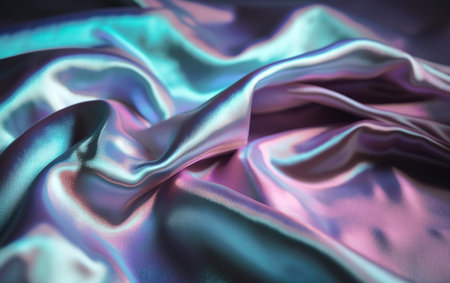 Close-up of iridescent silk fabric with flowing, shimmering folds. Pastel tones create a luxurious feel.の写真素材