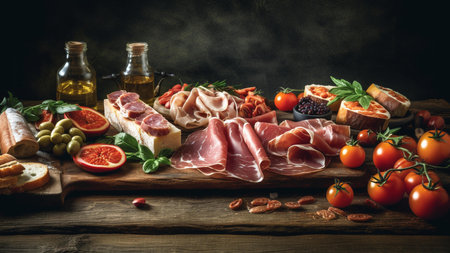 A visually appealing rustic Italian antipasto platter featuring prosciutto, salami, olives, tomatoes, and bread.の写真素材