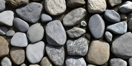 Close-up view of many smooth stones, practical gray and beige, creating a natural textured...