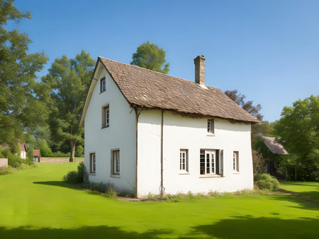 A charming white cottage sits amidst a vibrant green lawn, surrounded by lush trees under a clear blue sky. The scene is peaceful and idyllic.の写真素材