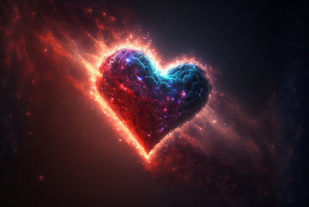 A fiery cosmic heart ablaze in the nebula, symbolizing celestial love and passion.の写真素材