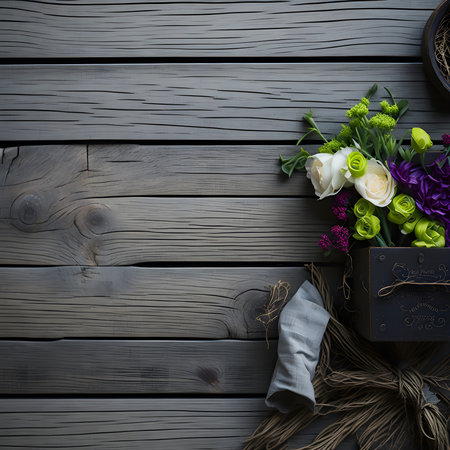 A lovely floral bouquet in a rustic box on a dark wooden background. The image is calm and elegant.の写真素材