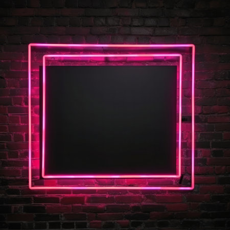 A vibrant pink neon square frame glows against a dark brick wall background. Modern and stylish...